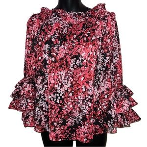 Off-the-shoulder floral top with ruched flared sleeves